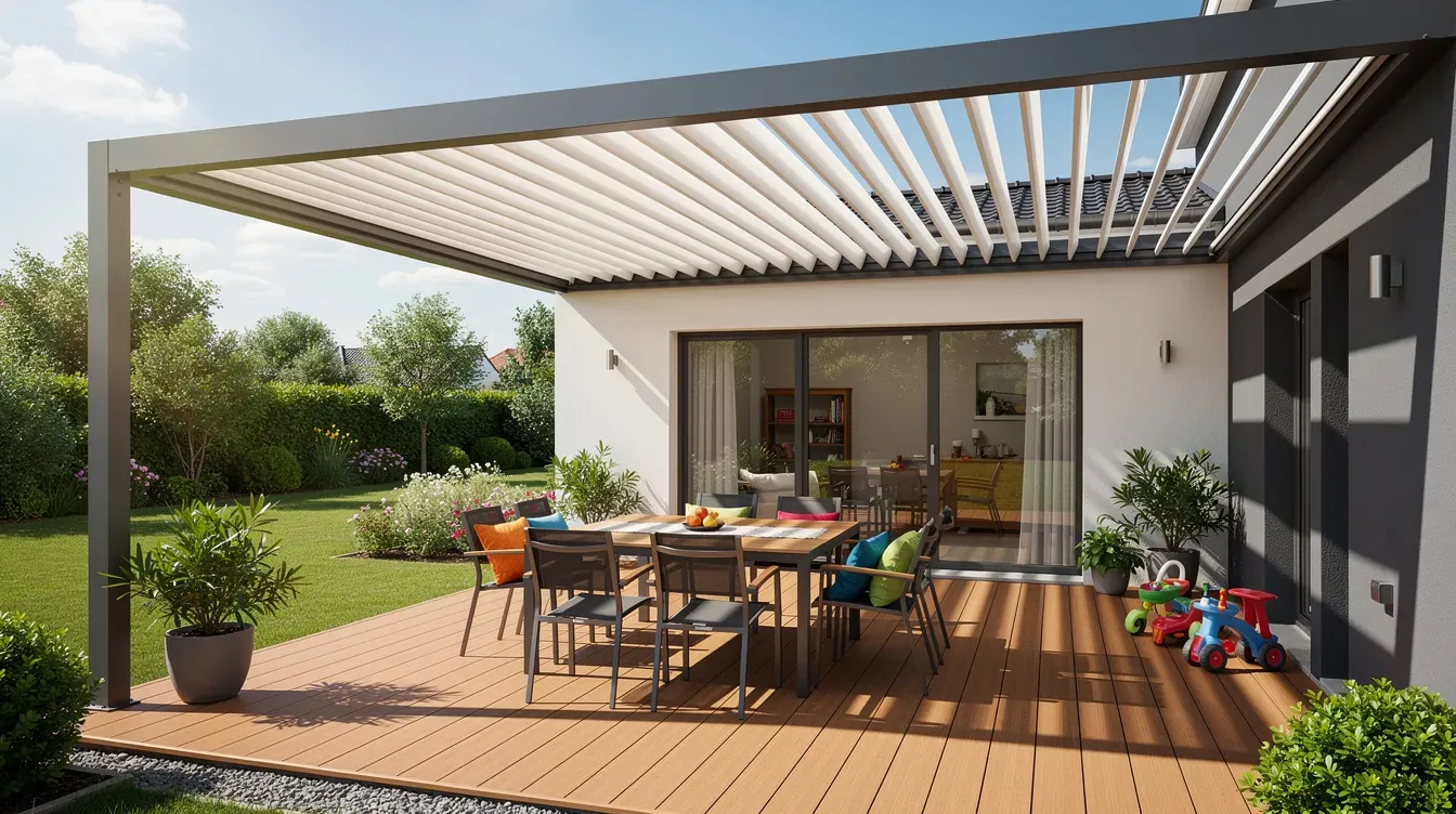 Une terrasse familiale est aménagée sous une pergola bioclimatique adossée à une maison moderne, offrant une protection contre le soleil grâce à ses lames orientables. La scène se déroule par une journée ensoleillée, mettant en valeur l'espace extérieur confortable et accueillant.