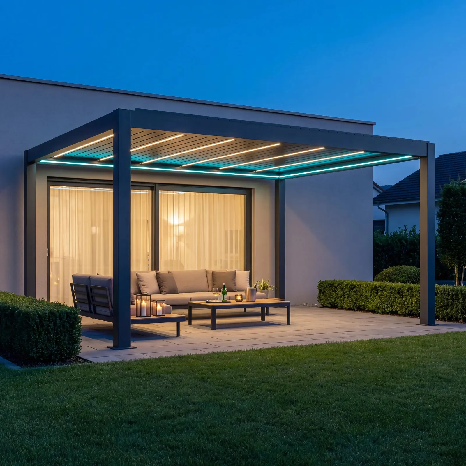 Pergola bioclimatique Signature éclairée de nuit
