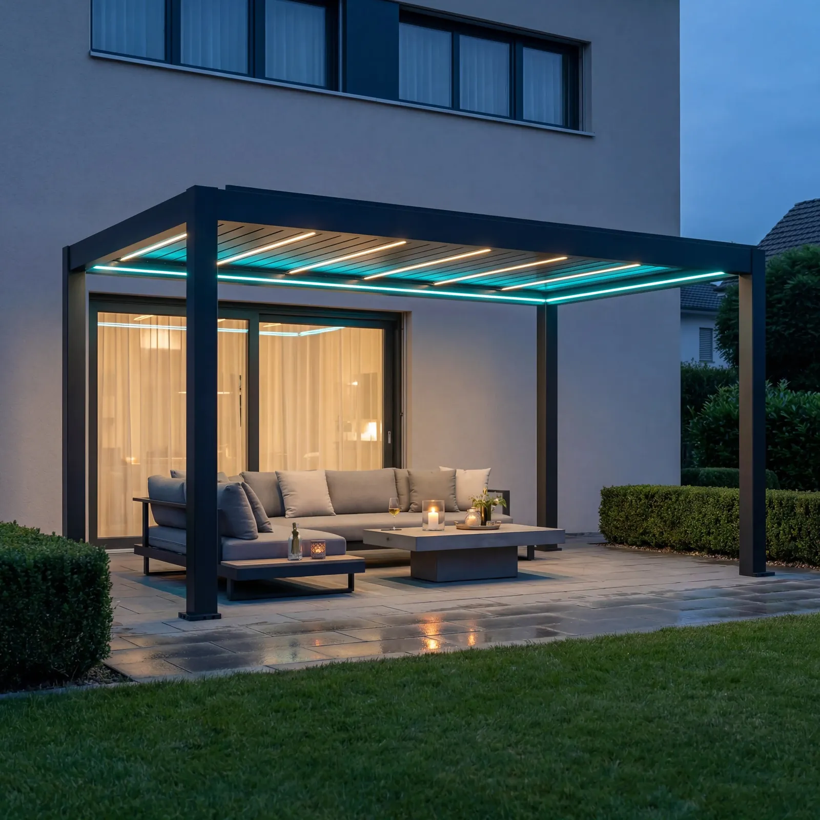 Pergola bioclimatique Signature éclairée de nuit